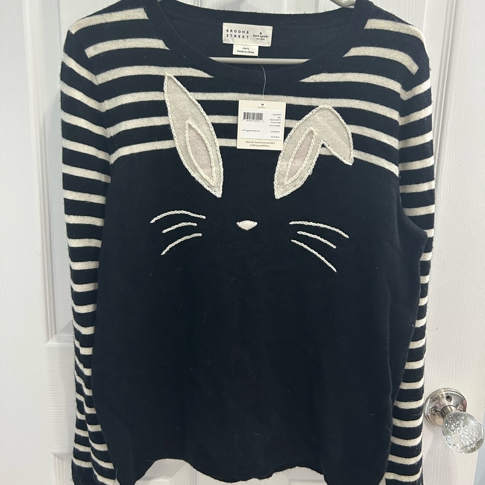 Black and White Striped Sweater with Bunny Design